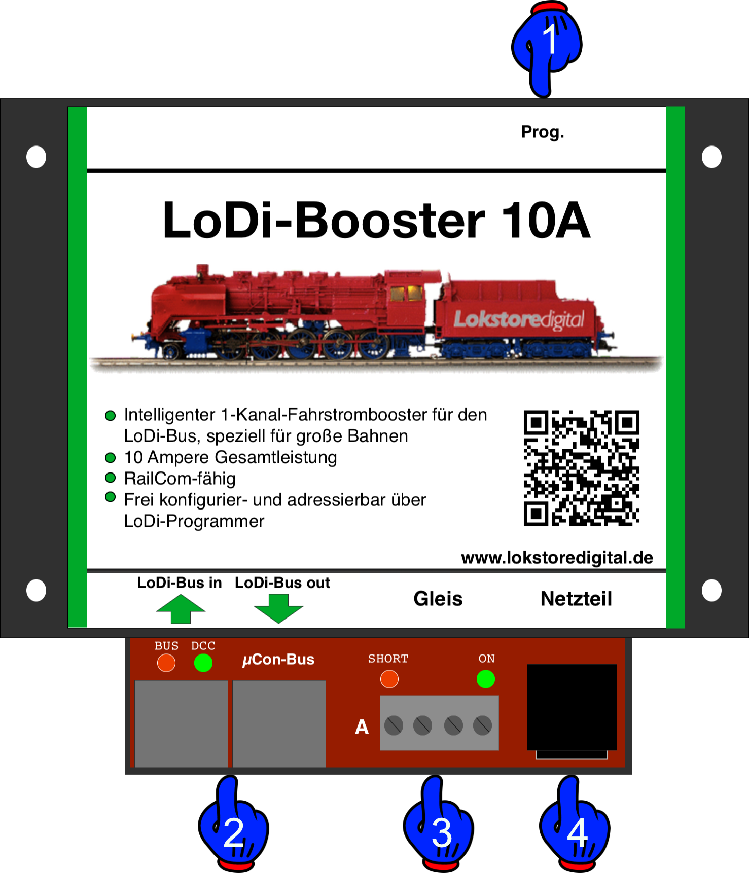LoDi-Booster 10A — The LoDi-Booster 10A and its connections