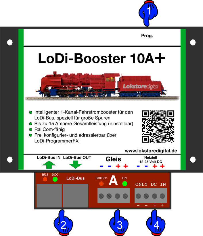 LoDi-Booster 10A+ — The LoDi-Booster 10A+ and its connections