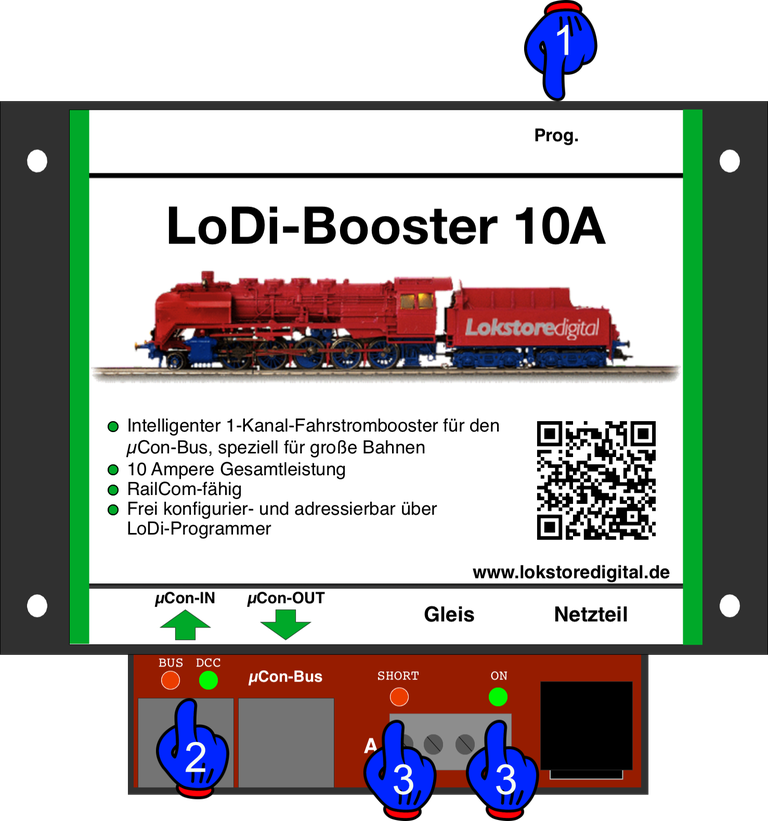 LoDi-Booster 10A+ — LEDs and programming button of the LoDi-Booster 10A+