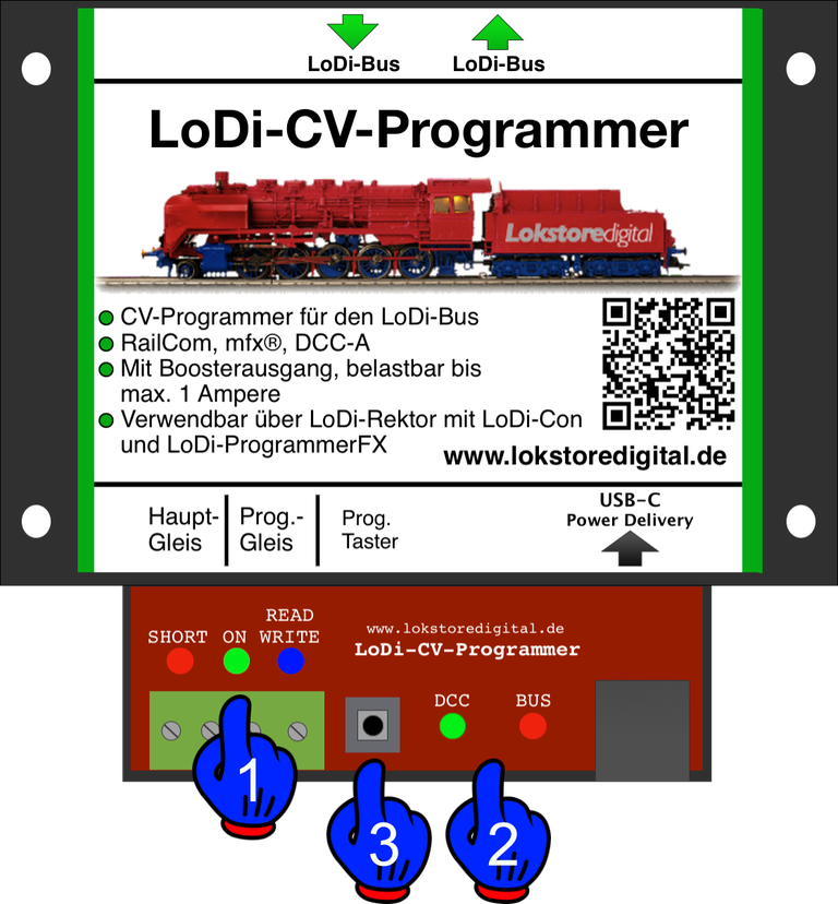 LoDi-CV-Programmer — LEDs and programming button of the LoDi-CV-Programmer