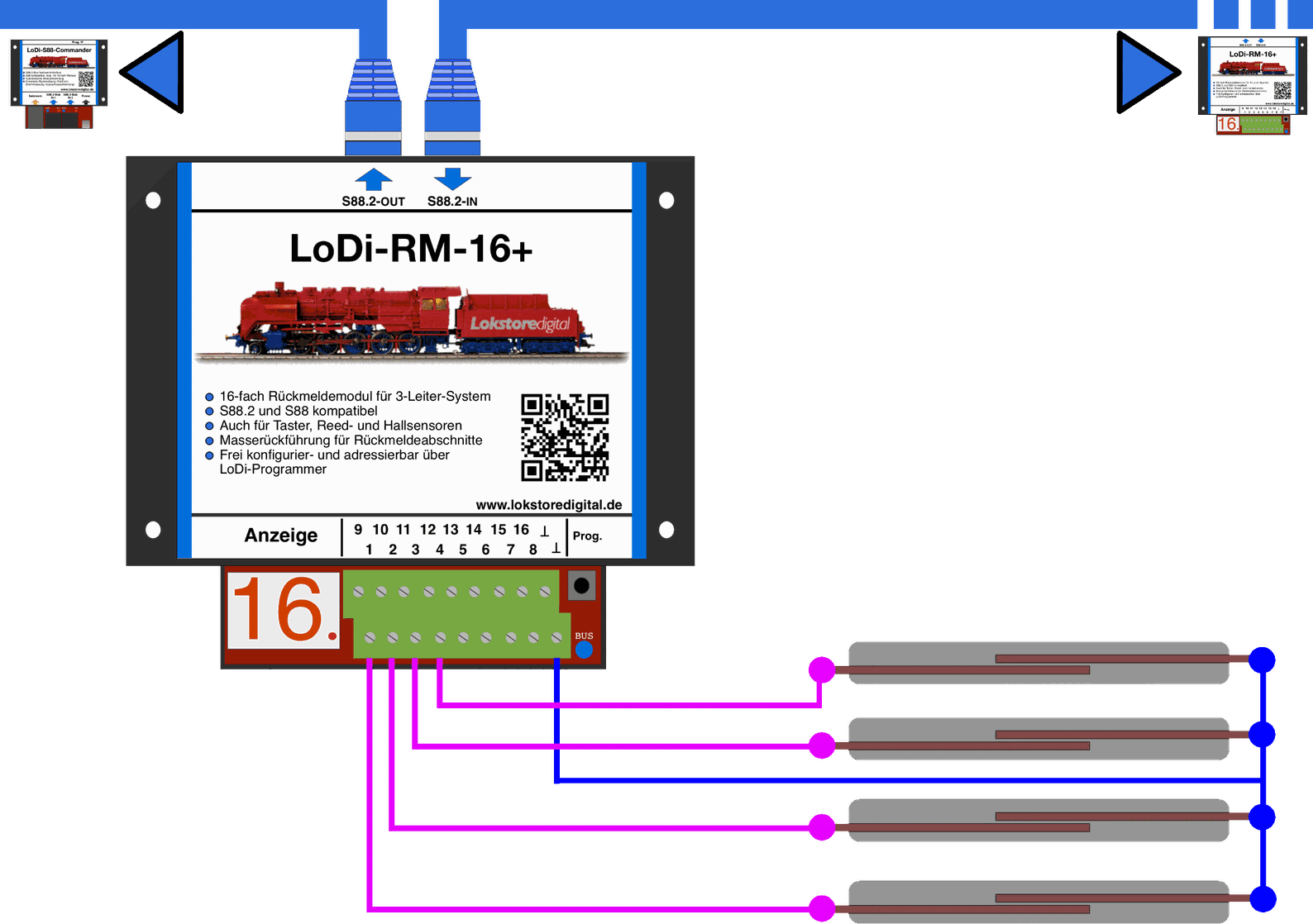 LoDi-RM-16+ v2 — Connecting the LoDi-RM-16+ v2 to reed contacts and push buttons