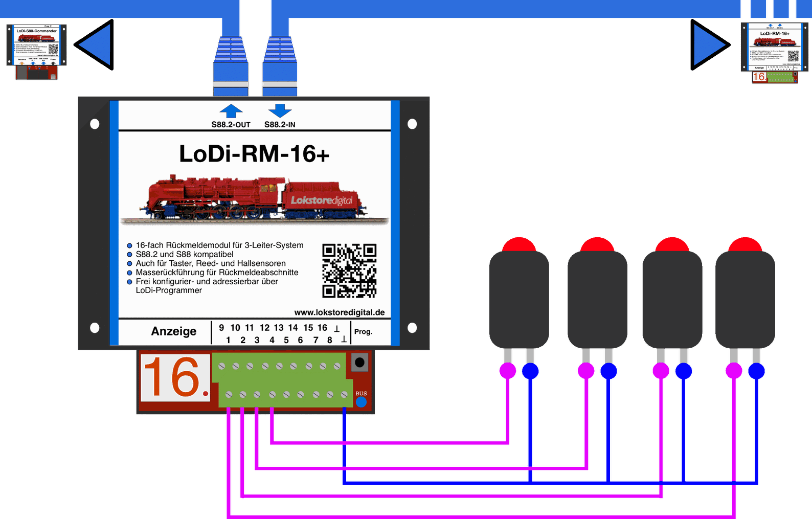 LoDi-RM-16+ v2 — Connecting the LoDi-RM-16+ v2 to reed contacts and push buttons