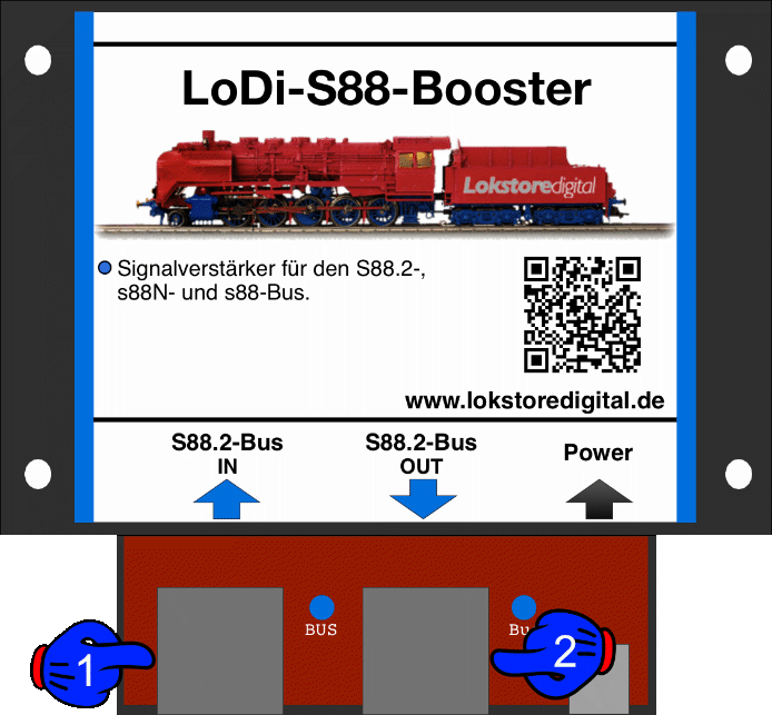 LoDi-S88-Booster — The LoDi-S88-Booster and its connections