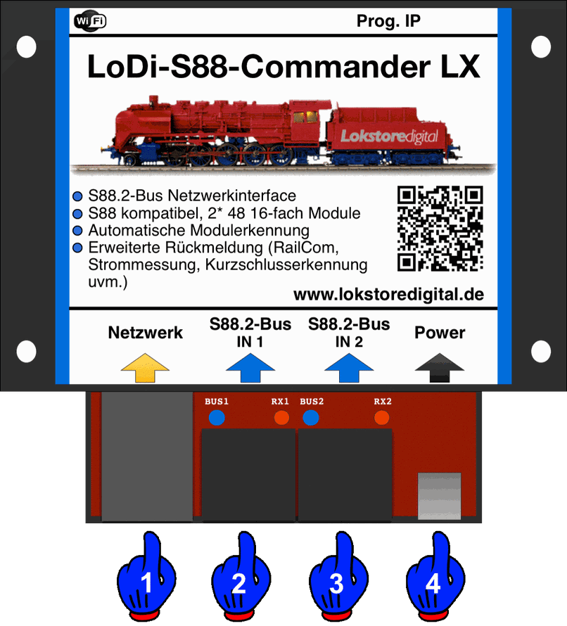 LoDi-S88-Commander LX — The LoDi-S88-Commander LX and its connections