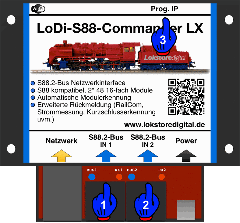 LoDi-S88-Commander LX — LEDs and button of the LoDi-S88-Commander LX