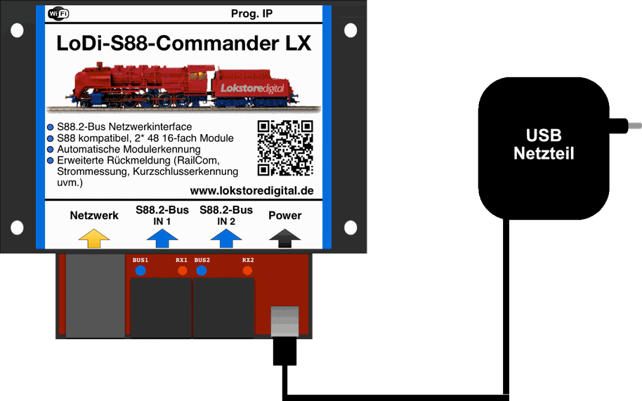 LoDi-S88-Commander LX — Connecting the power supply to the LoDi-S88-Commander LX