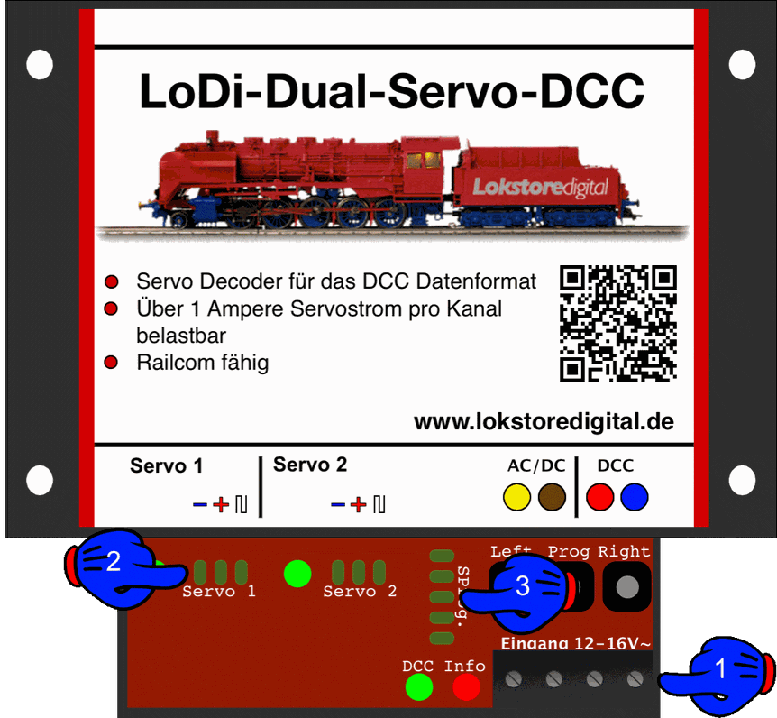 LoDi-Dual-Servo-DCC — The LoDi-Dual-Servo-DCC and its connections