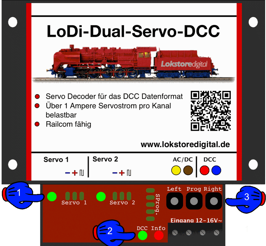 LoDi-Dual-Servo-DCC — LEDs and buttons on the LoDi-Dual-Servo-DCC