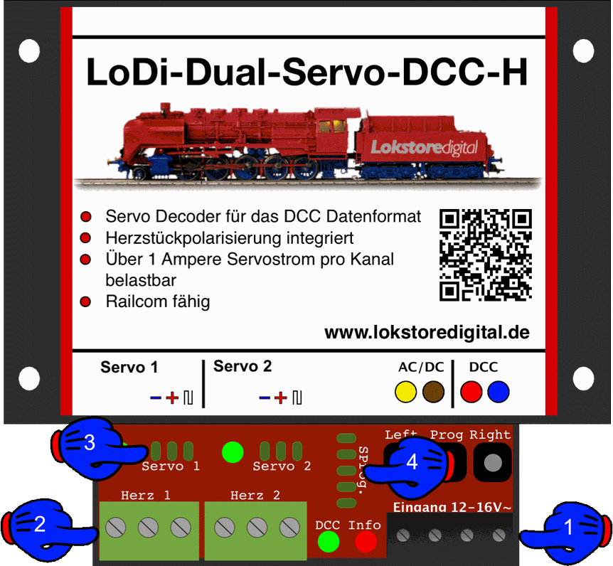 LoDi-Dual-Servo-DCC-H — The LoDi-Dual-Servo-DCC-H and its connections
