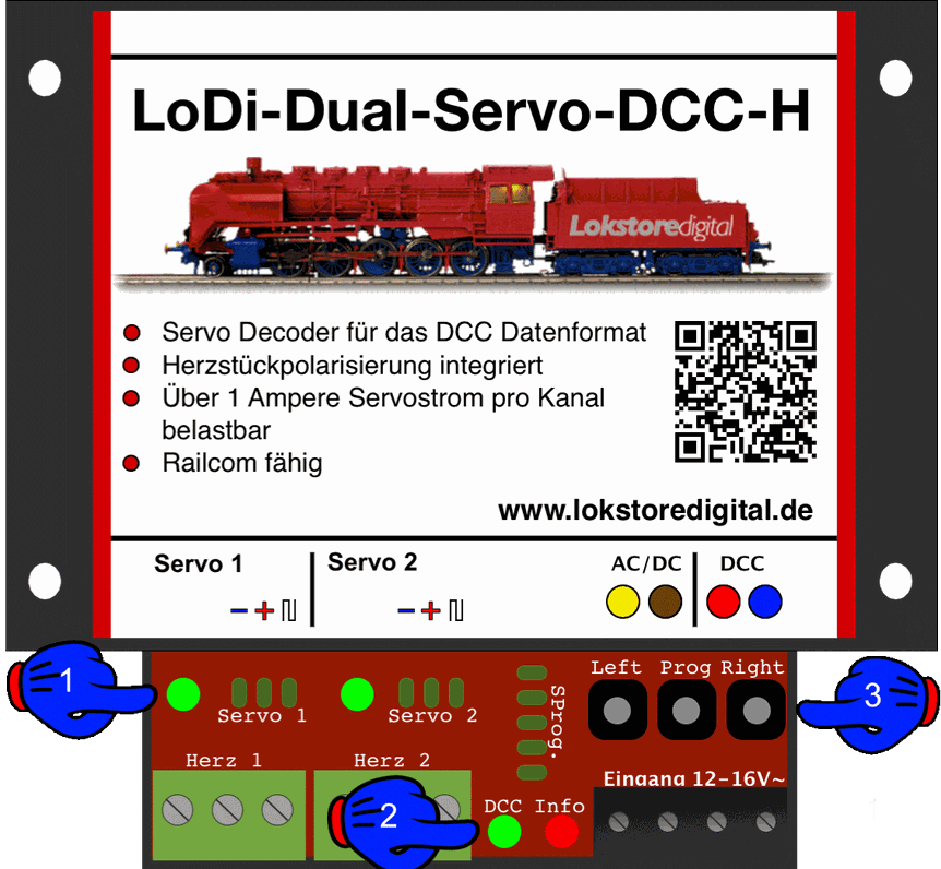 LoDi-Dual-Servo-DCC-H — LEDs and buttons on the LoDi-Dual-Servo-DCC-H