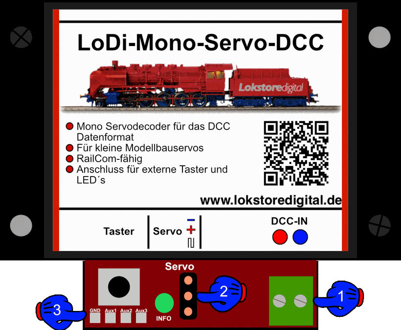 LoDi-Mono-Servo-DCC — The LoDi-Mono-Servo-DCC and its connections