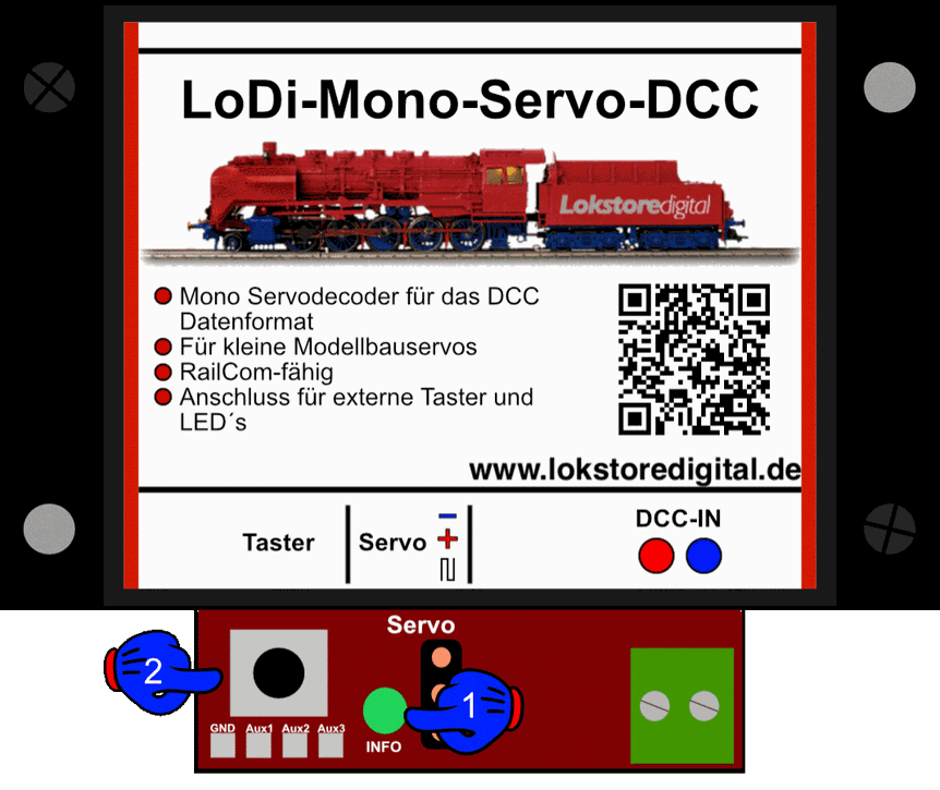 LoDi-Mono-Servo-DCC — LEDs and button on the LoDi-Mono-Servo-DCC