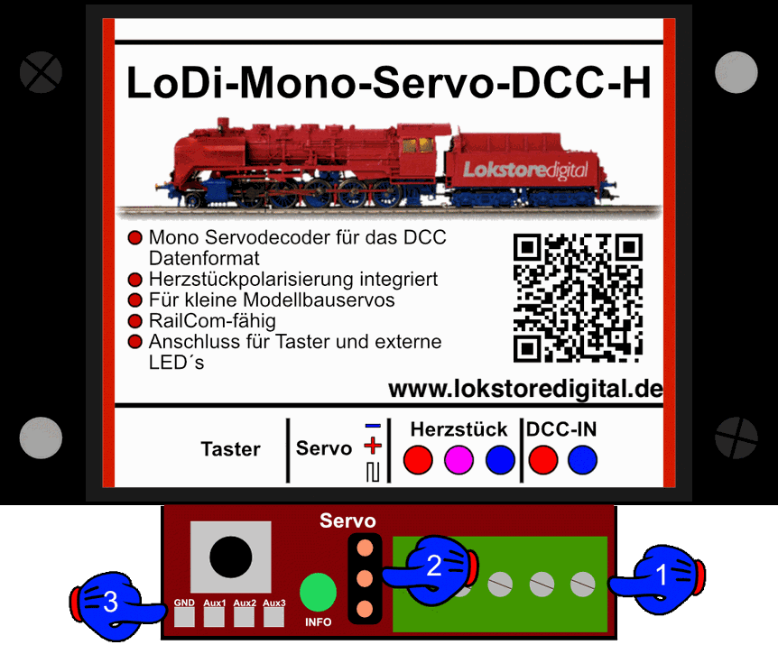 LoDi-Mono-Servo-DCC-H — The LoDi-Mono-Servo-DCC-H and its connections