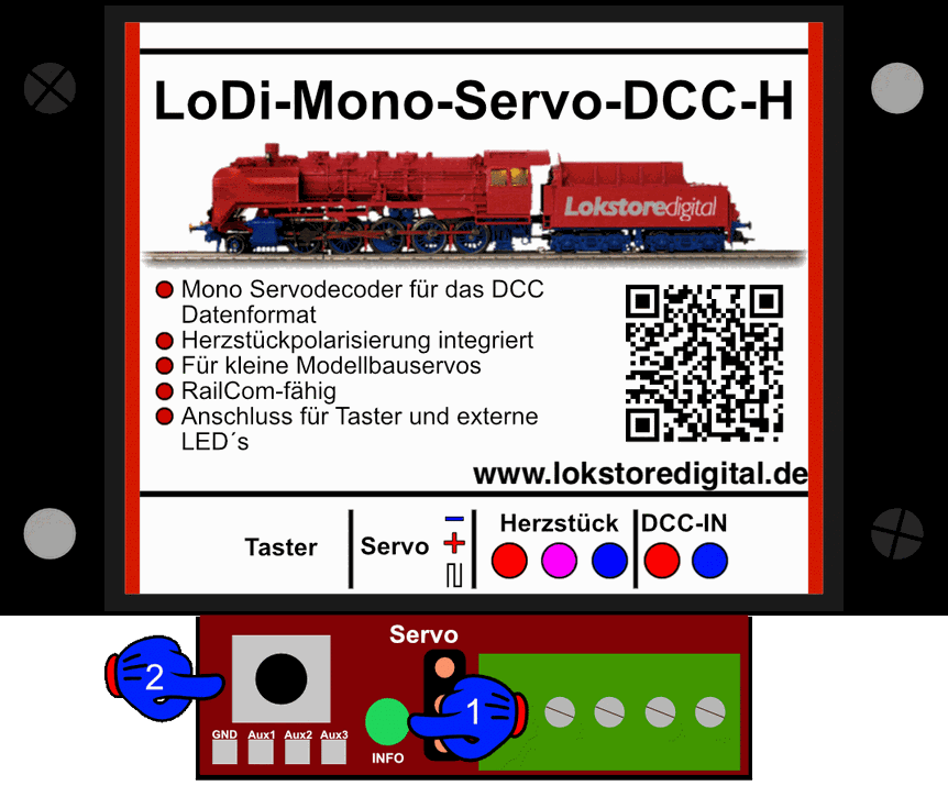 LoDi-Mono-Servo-DCC-H — LEDs and button on the LoDi-Mono-Servo-DCC-H