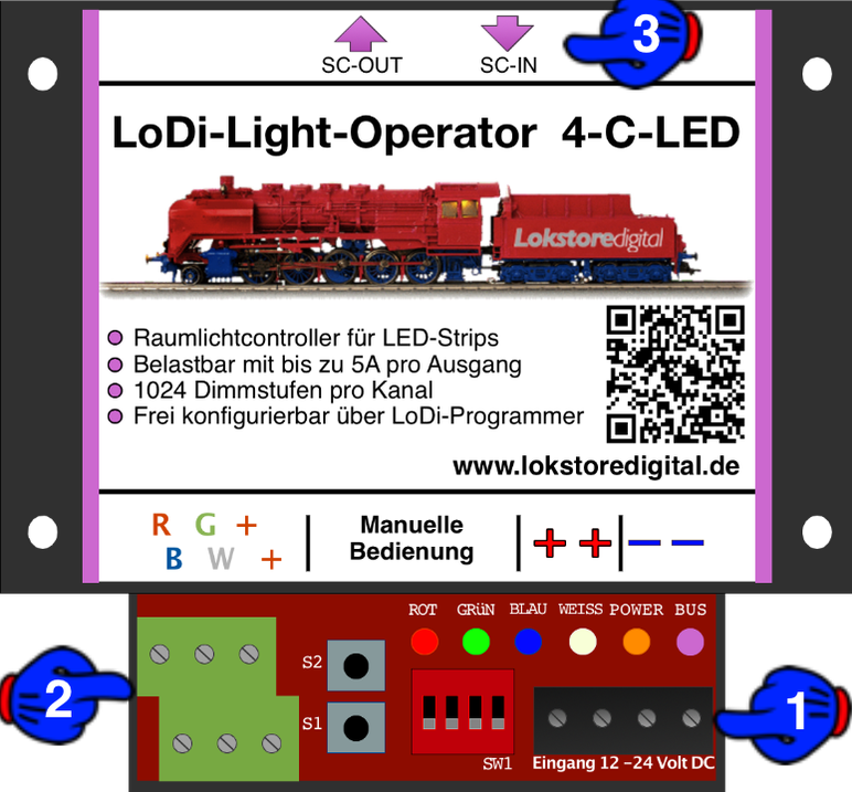 LoDi-Light-Operator 4-C-LED — The LoDi-Light-Operator 4-C-LED and its connections