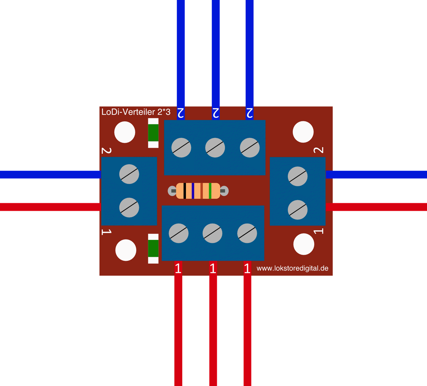 LoDi-Verteiler 2*3 — The LoDi distribution board and its connections