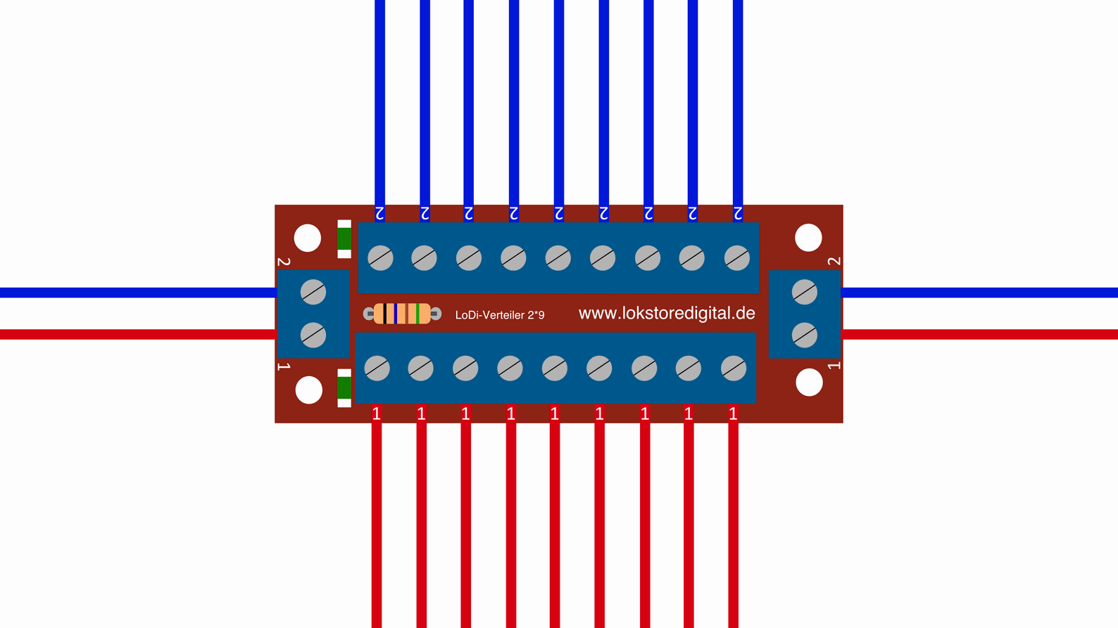 LoDi-Verteiler 2*9 — The LoDi distribution board 2*9, its connections and LEDs