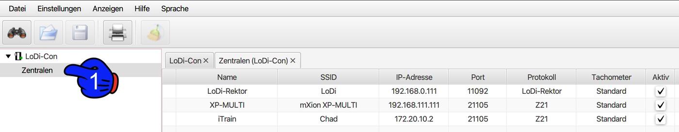 LoDi-Con — Reading out the database and selecting a command station