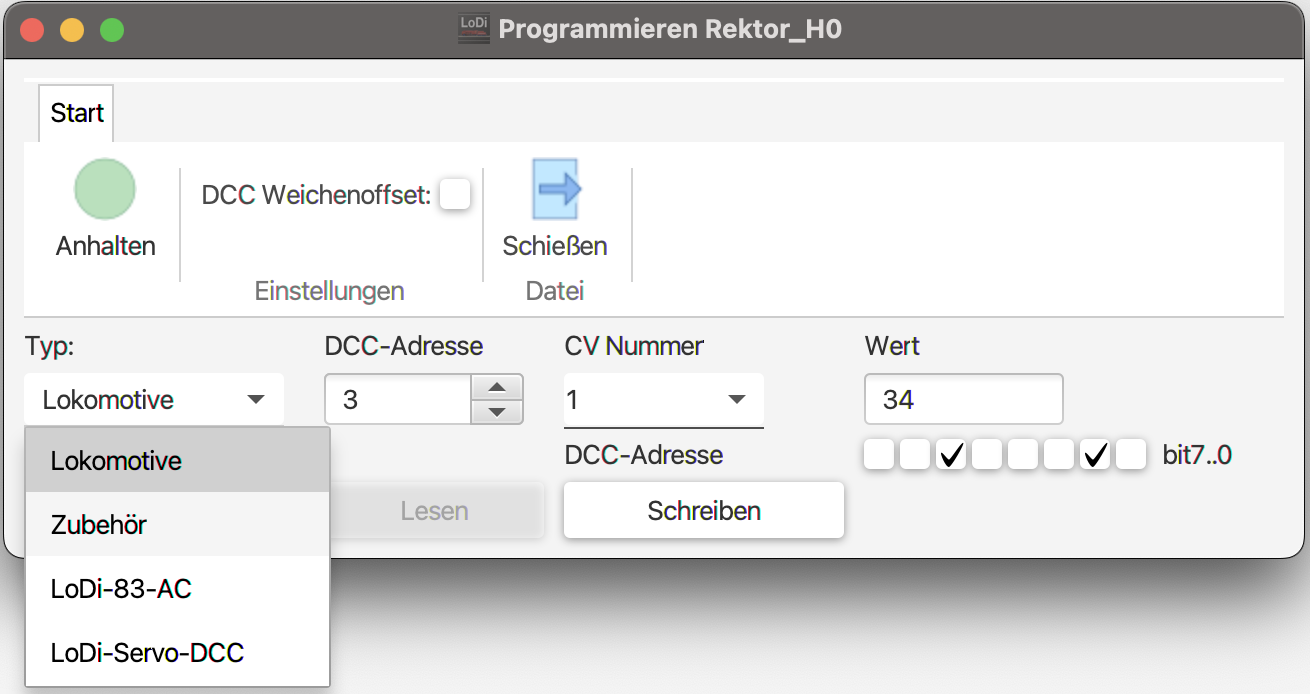 LoDi-Rektor — Driving, switching, CV programming