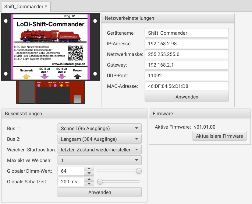 LoDi-Shift-Commander — Settings and firmware update